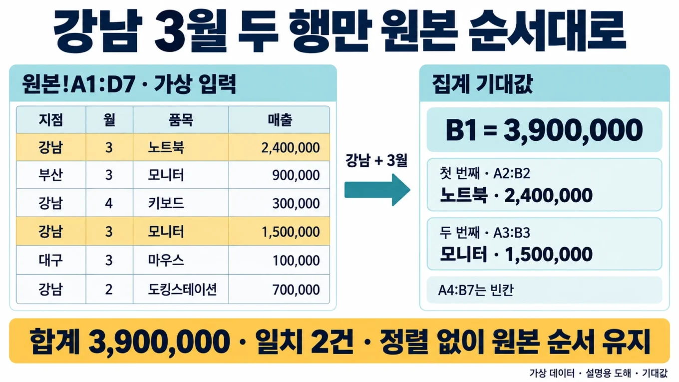 가상 원본 여섯 행 중 강남 3월의 노트북 2,400,000과 모니터 1,500,000을 원본 순서대로 선택하여 집계 B1의 합계 기대값 3,900,000과 비교하는 도해