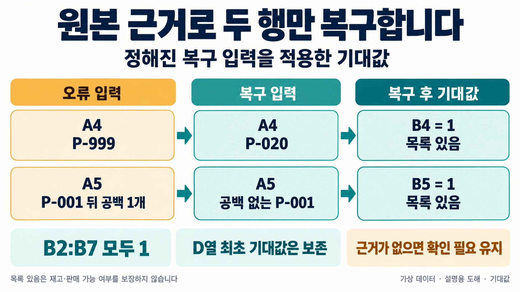 Excel 상품 코드 6행에서 미등록 값과 후행 공백 찾기 4 A4와 A5를 정해진 복구 입력으로 바꾸면 여섯 일치 수가 모두 1이 되는 기대값 설명 도해