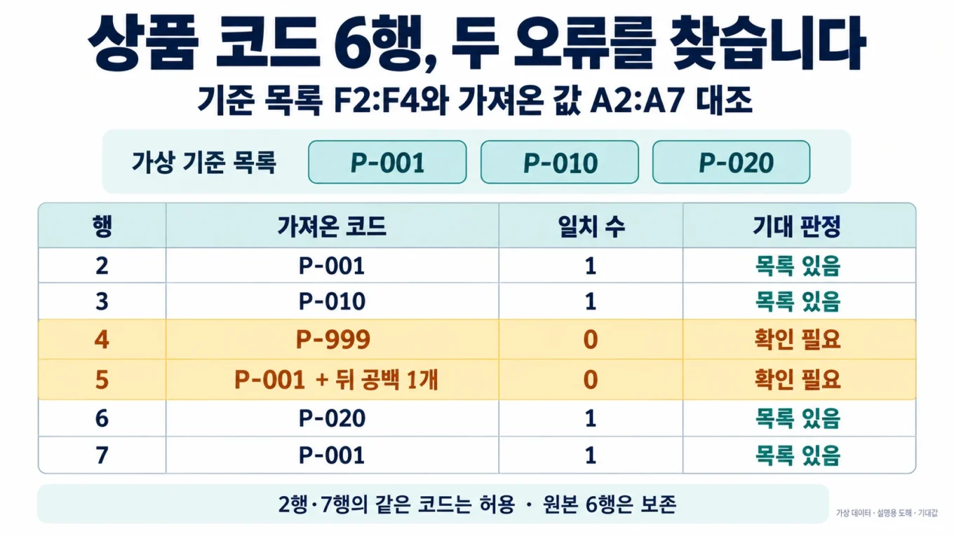 상품 코드 여섯 행을 기준 목록과 비교해 P-999와 후행 공백의 기대 일치 수가 0임을 보여 주는 설명 도해