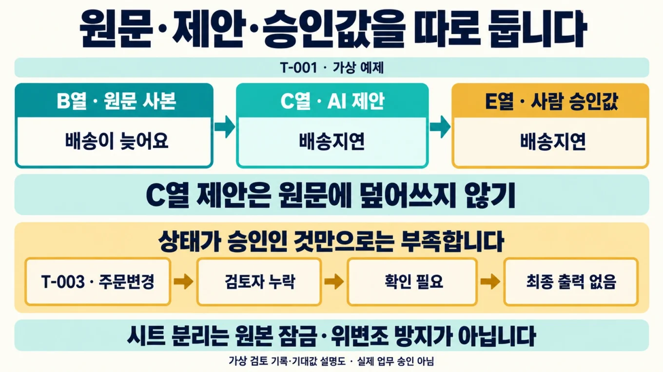 원문·AI 제안·사람 승인값의 열 분리와 검토자 누락 시 출력 보류