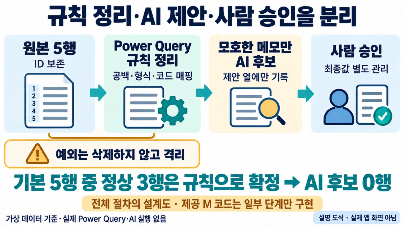 원본5행의 ID와 예외를 보존하고 규칙정리·AI제안·사람승인을 분리하며 정상3행은 AI후보0행임을 설명한 도해