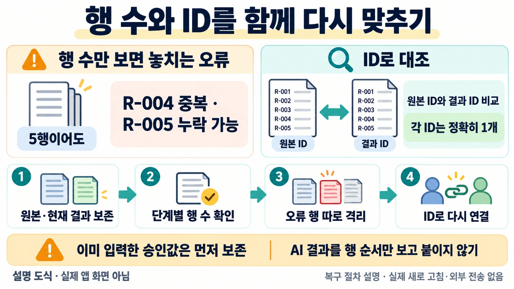 행수가5여도 ID중복·누락이 있을 수 있으므로 원본과 결과를 보존하고 ID로 재연결하는 복구 도해