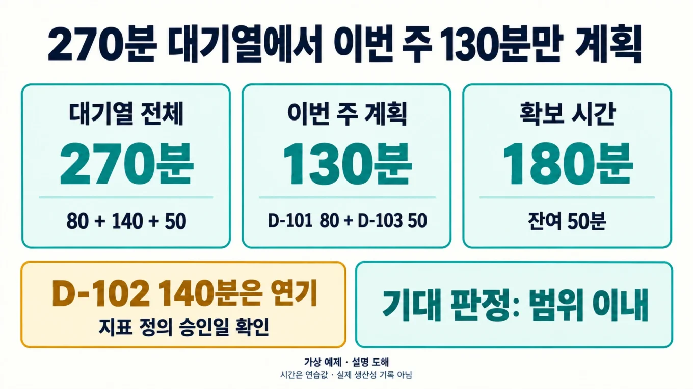 대기열 270분에서 D-101과 D-103의 130분만 계획하고 확보 시간 180분 중 50분을 남기는 도해
