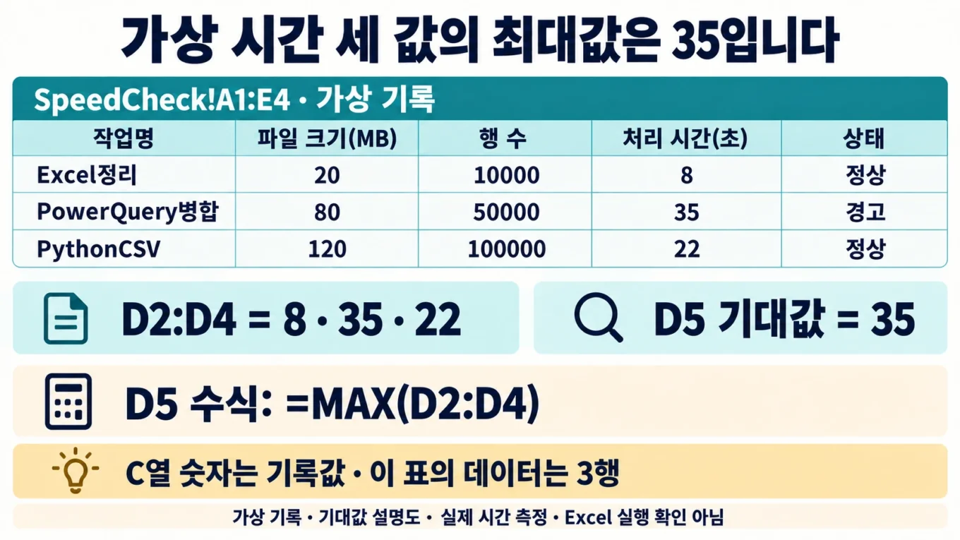 SpeedCheck의 가상 시간 8·35·22와 MAX 수식의 기대값 35를 비교한 설명 도해