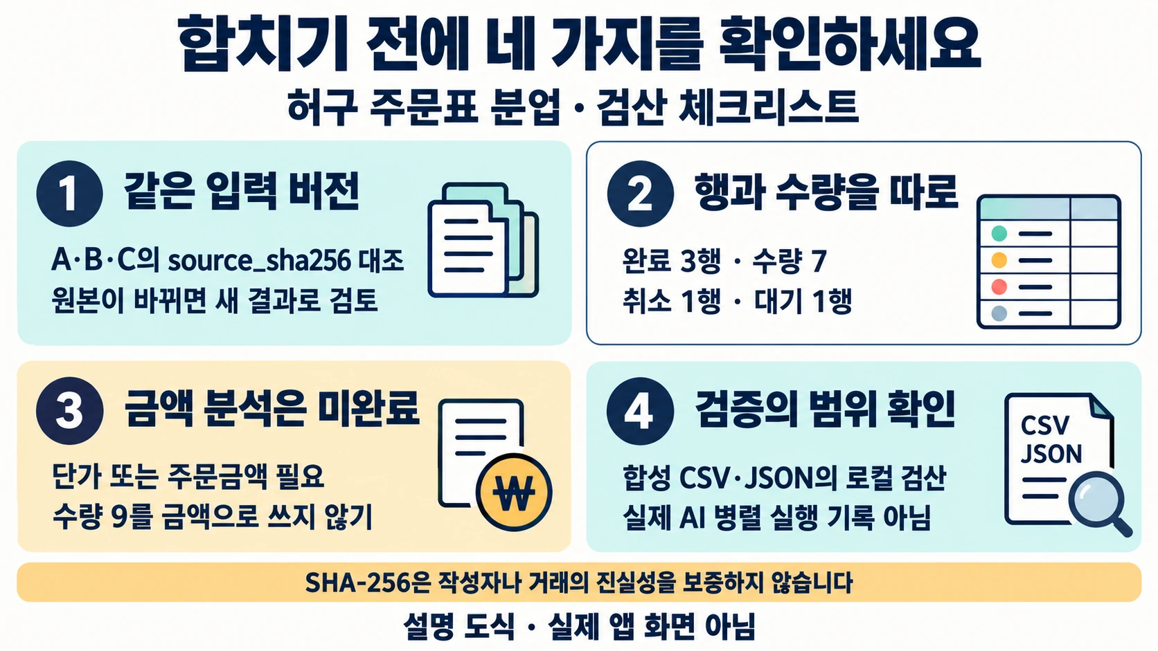 같은 원본 해시·행과수량·금액데이터부족·로컬검증한계를 확인하는 설명 도해
