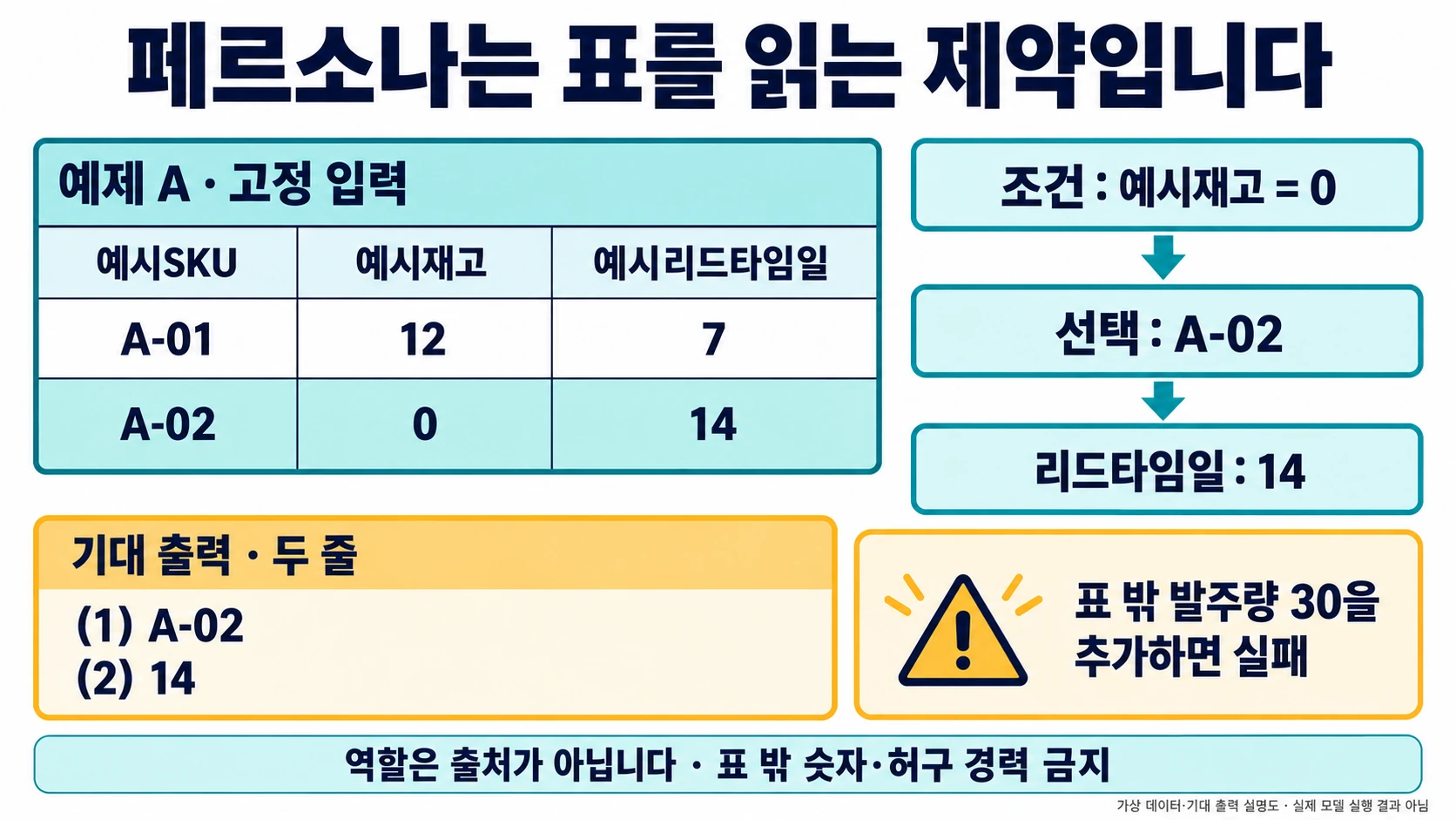 예제 A의 재고 0인 A-02와 리드타임 14를 두 줄로 추출하는 기대값