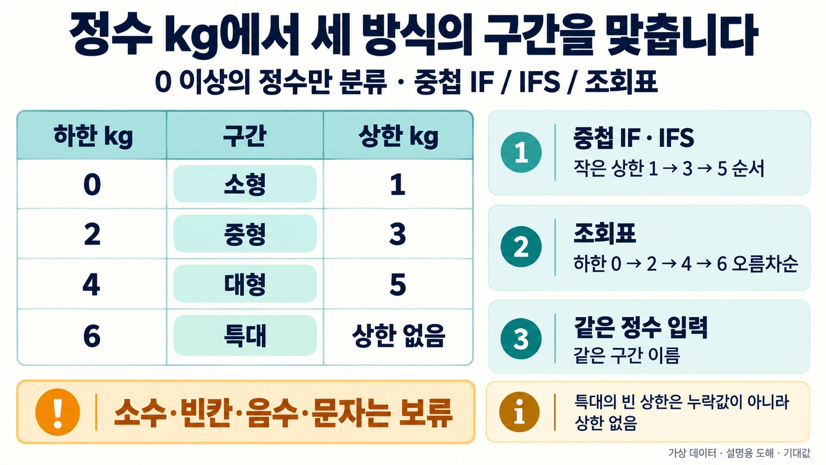 0 이상의 정수 kg에서 상한 1·3·5와 하한 0·2·4·6이 같은 네 구간을 만드는 설명 도해