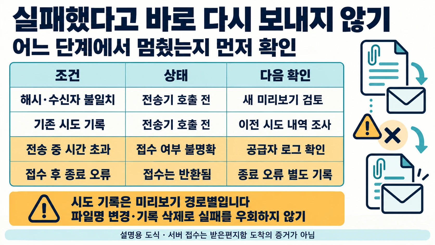 smtplib 첨부 메일 실습: 39바이트 미리보기와 중복 발송 방지 5 불일치·기존 시도 기록·전송 중 시간 초과·접수 후 종료 오류의 서로 다른 상태와 후속 확인을 정리한 설명도