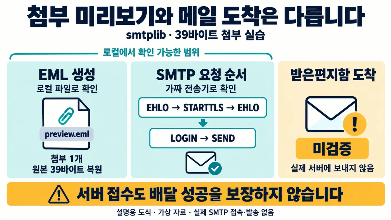 EML 파일 생성, 가짜 전송기의 SMTP 요청 순서, 검증하지 않은 받은편지함 도착을 구분하는 설명도