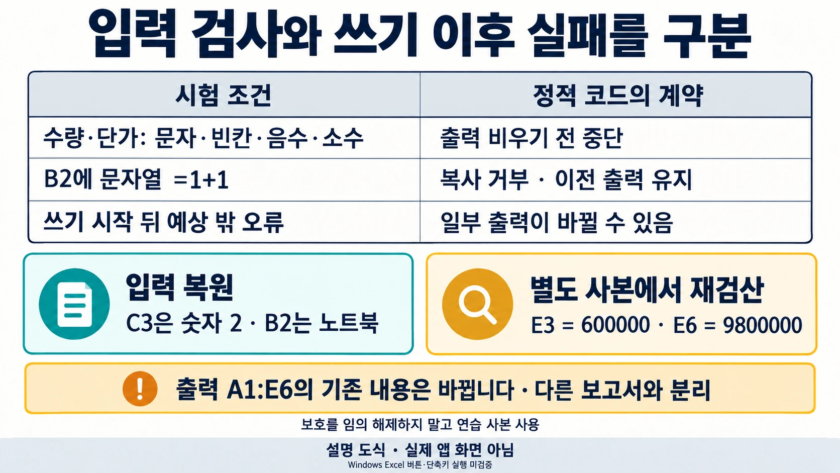 입력검사전중단과 출력일부변경가능 오류를 구분하고600000·9800000으로 복원검산하는 설명 도해