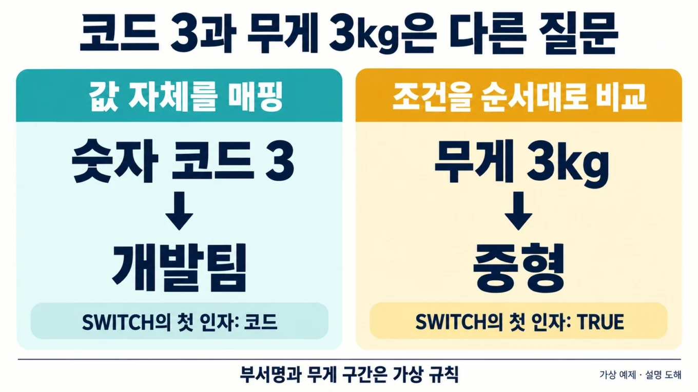 SWITCH의 숫자 코드 3→개발팀과 무게 3kg→중형을 서로 다른 비교로 구분하는 도해