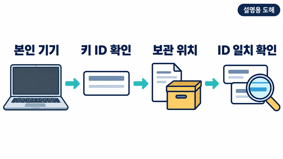 설명용 도해: 본인 기기의 BitLocker 요청에서 키 ID를 읽고 보관 위치의 대응 항목과 ID를 비교하는 순서