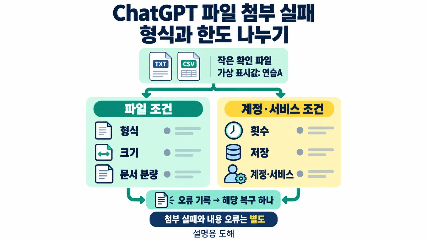 ChatGPT 파일 업로드 오류에서 형식과 용량 제한을 점검하는 설명용 도해