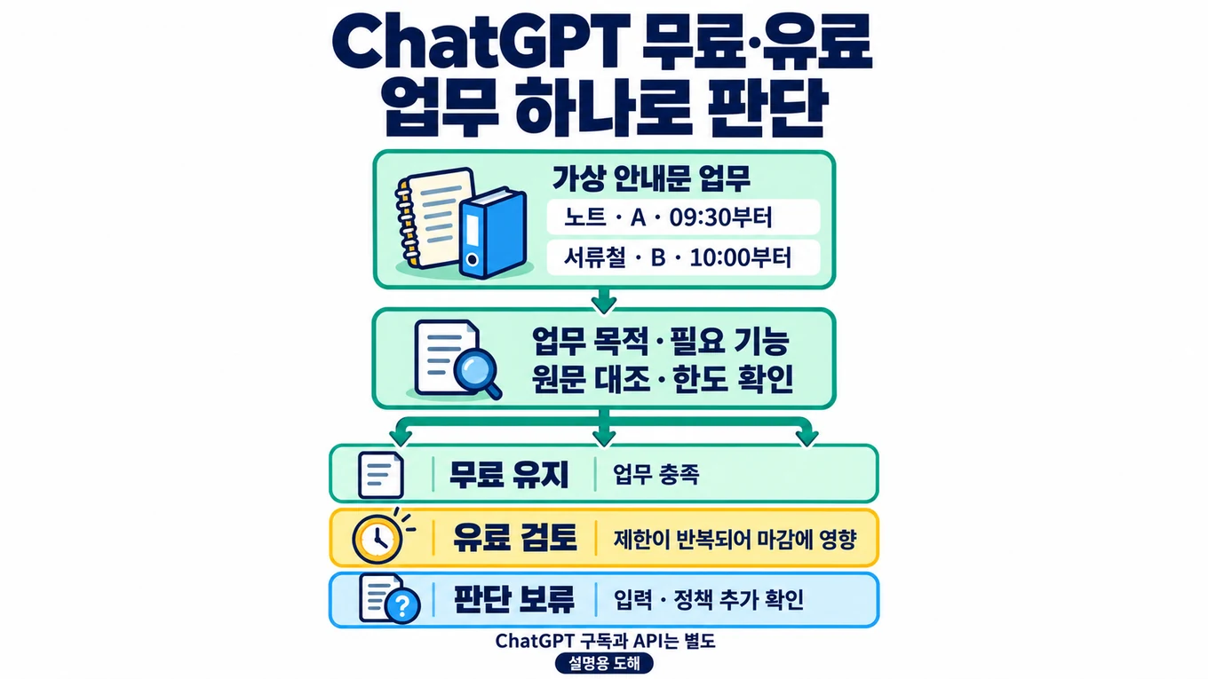 가상 안내문 업무의 노트 A 창구 09:30부터, 서류철 B 창구 10:00부터를 원문과 대조하고 필요한 기능과 한도를 확인해 무료 유지, 유료 검토, 판단 보류로 나누는 설명용 도해