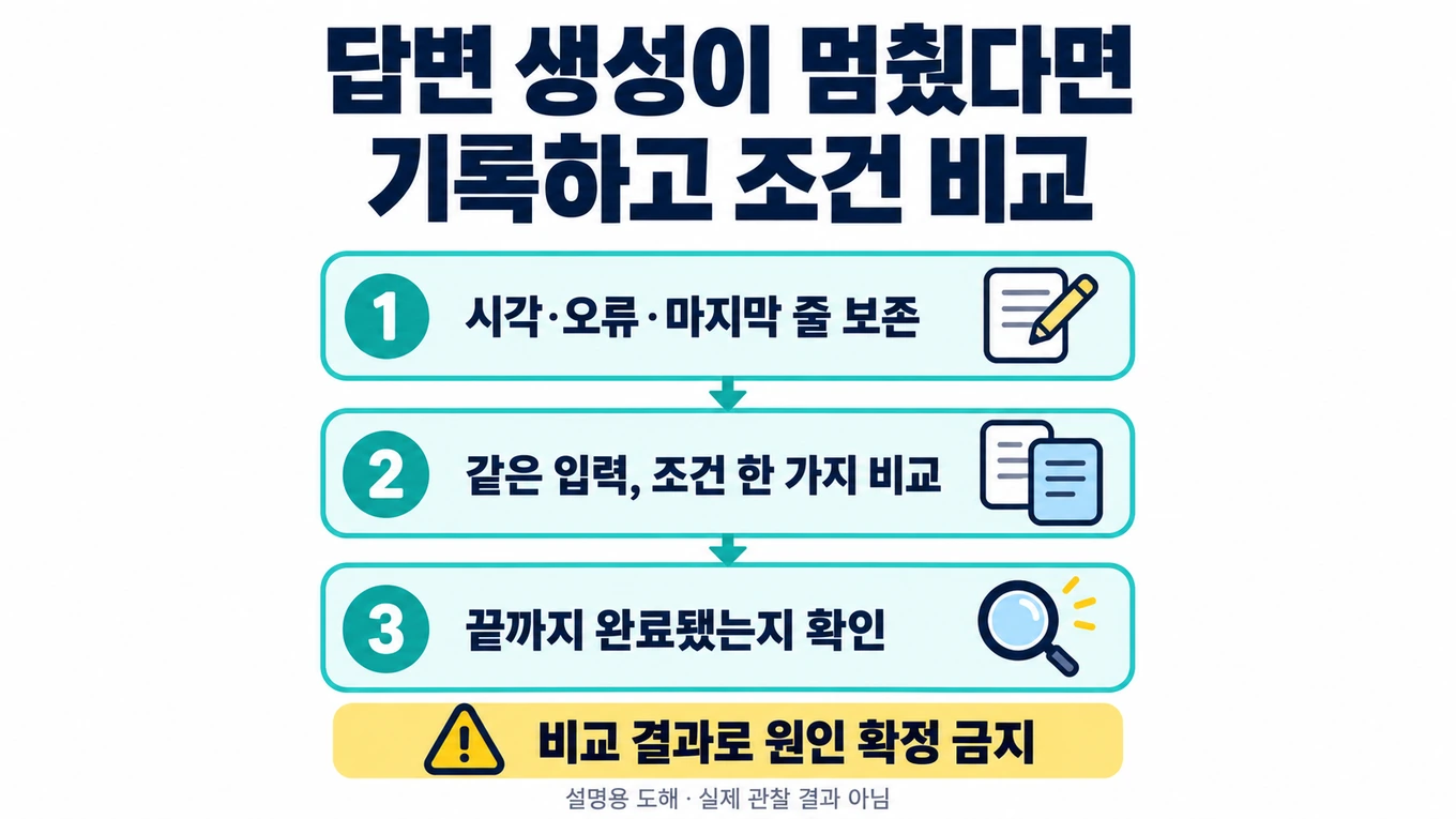 답변 생성이 멈췄을 때 기록 보존, 같은 입력의 조건 비교, 끝까지 완료 확인의 세 단계를 보여 주는 설명용 도해