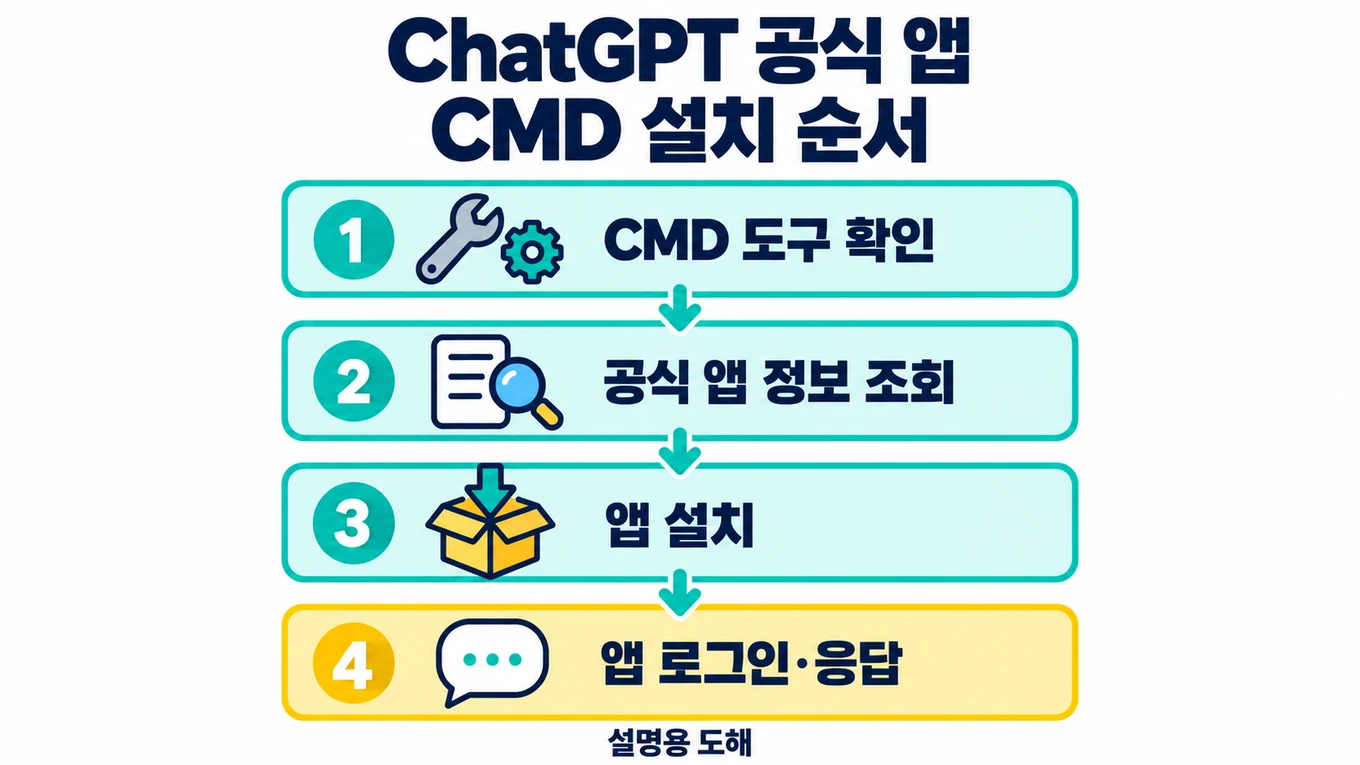 Windows에서 공식 ChatGPT 앱의 출처와 설치 명령을 확인하는 설명용 도해