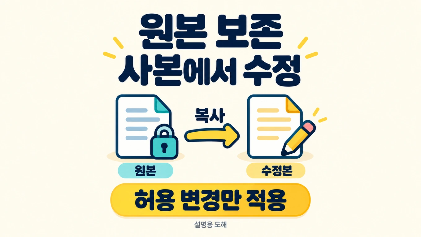 원본 파일을 보존하고 복사한 수정본에 허용 변경만 적용하는 설명용 대표 도해