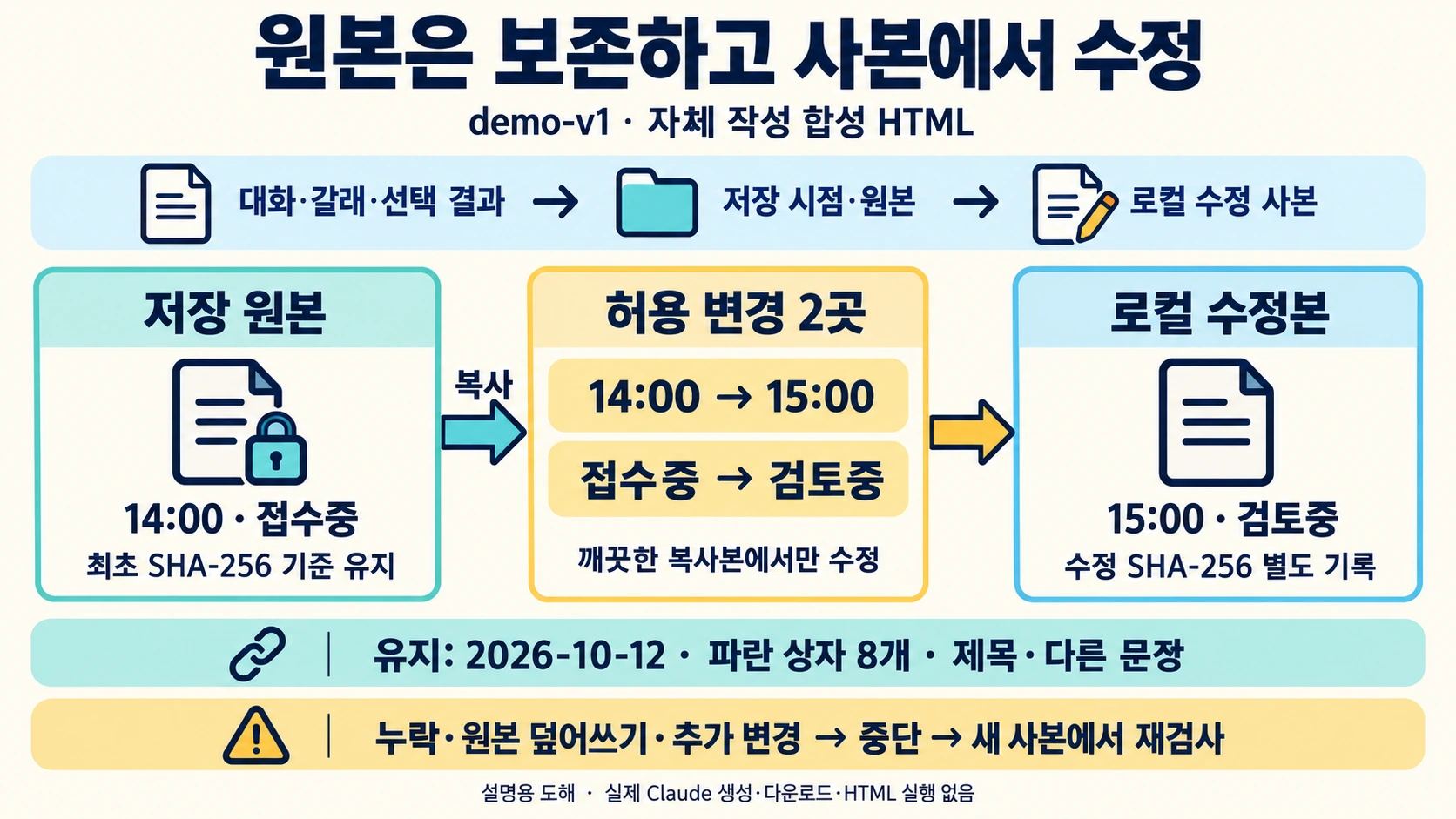 자체작성 합성 HTML 원본을 보존하고 사본에서 시간14:00을15:00으로 상태접수중을검토중으로 바꾸며 날짜2026-10-12와상자8개를 유지하는 출처 연결·보존 설명 도해