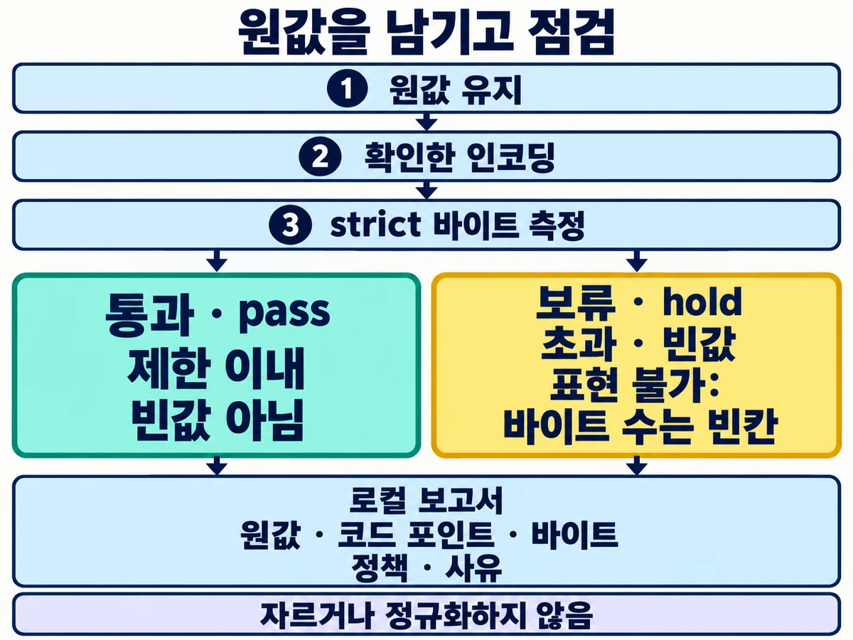 원값 유지, 확인한 인코딩, strict 바이트 측정 순서로 통과와 보류를 나누고 둘 모두 로컬 보고서에 남기는 흐름. 표현 불가인 값의 바이트 칸은 빈칸이며 값을 자르거나 정규화하지 않음