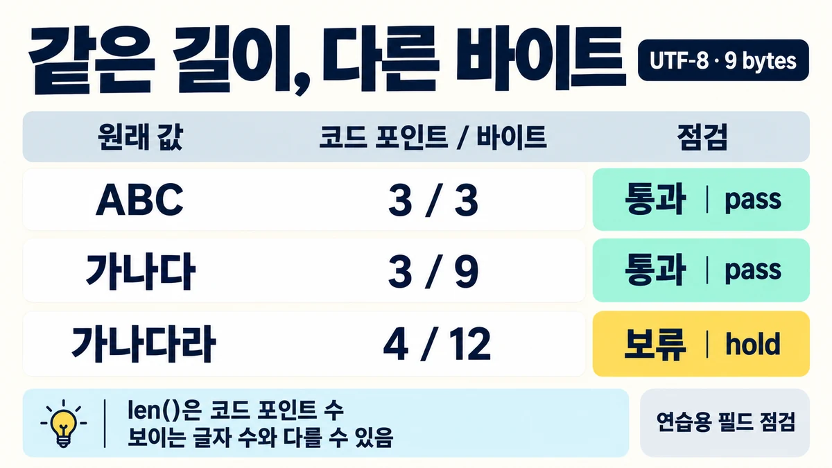 ABC·가나다·가나다라의 코드 포인트 수 3·3·4와 UTF-8 크기 3·9·12바이트를 비교한 그림. 연습용 9바이트 제한에서 앞의 두 값은 통과, 마지막 값은 보류