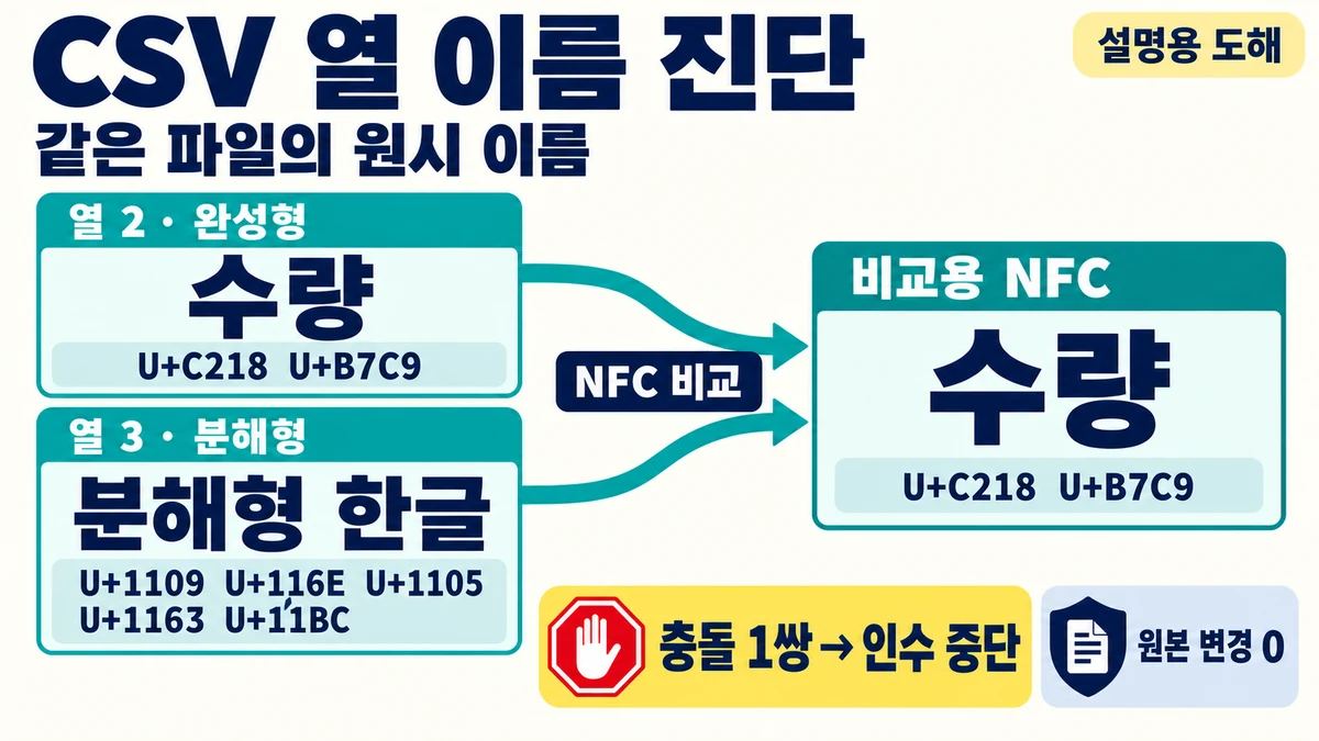 같은 CSV의 열 2 완성형 수량 두 코드 포인트와 열 3 NFD 분해형 다섯 코드 포인트가 NFC 비교에서 수량으로 모여 충돌 한 쌍이 되는 도해