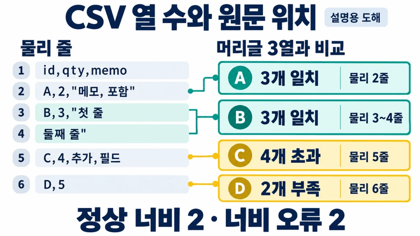 가상 CSV의 인용 줄바꿈을 한 레코드로 묶고 정상 너비 2개와 열 수 오류 2개의 물리 줄 위치를 연결한 설명용 도해