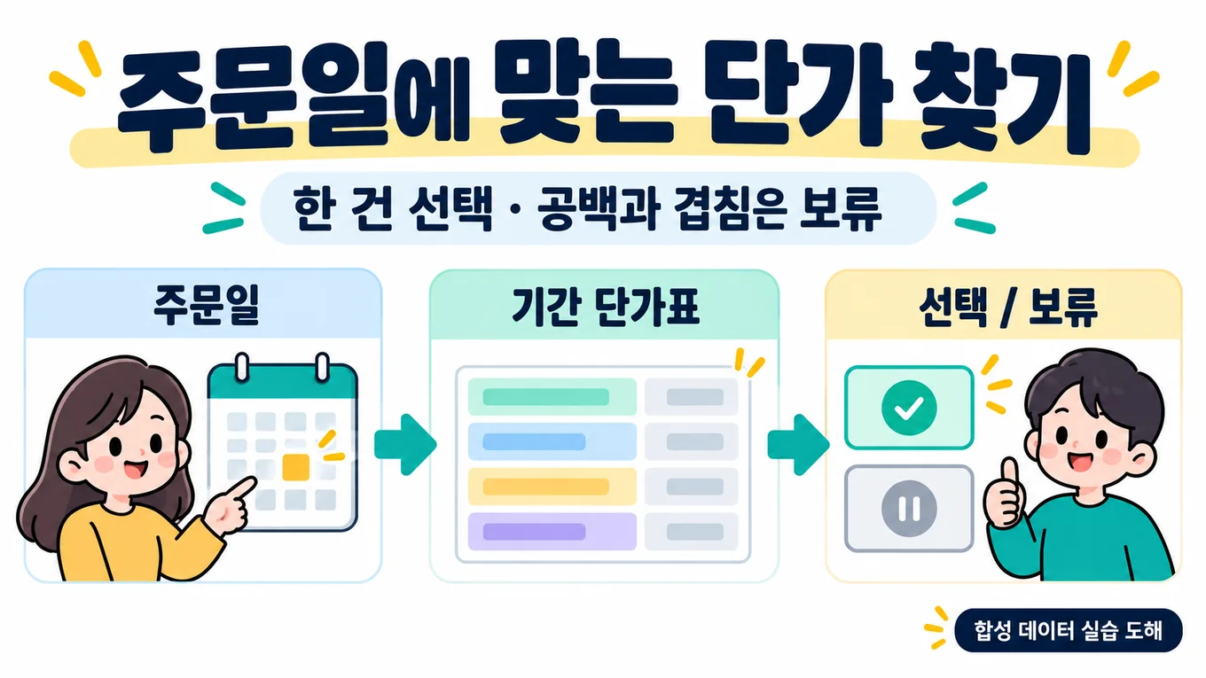 주문일에 맞는 단가를 한 건 선택하고 기간 공백과 겹침은 보류하는 합성 실습 도해