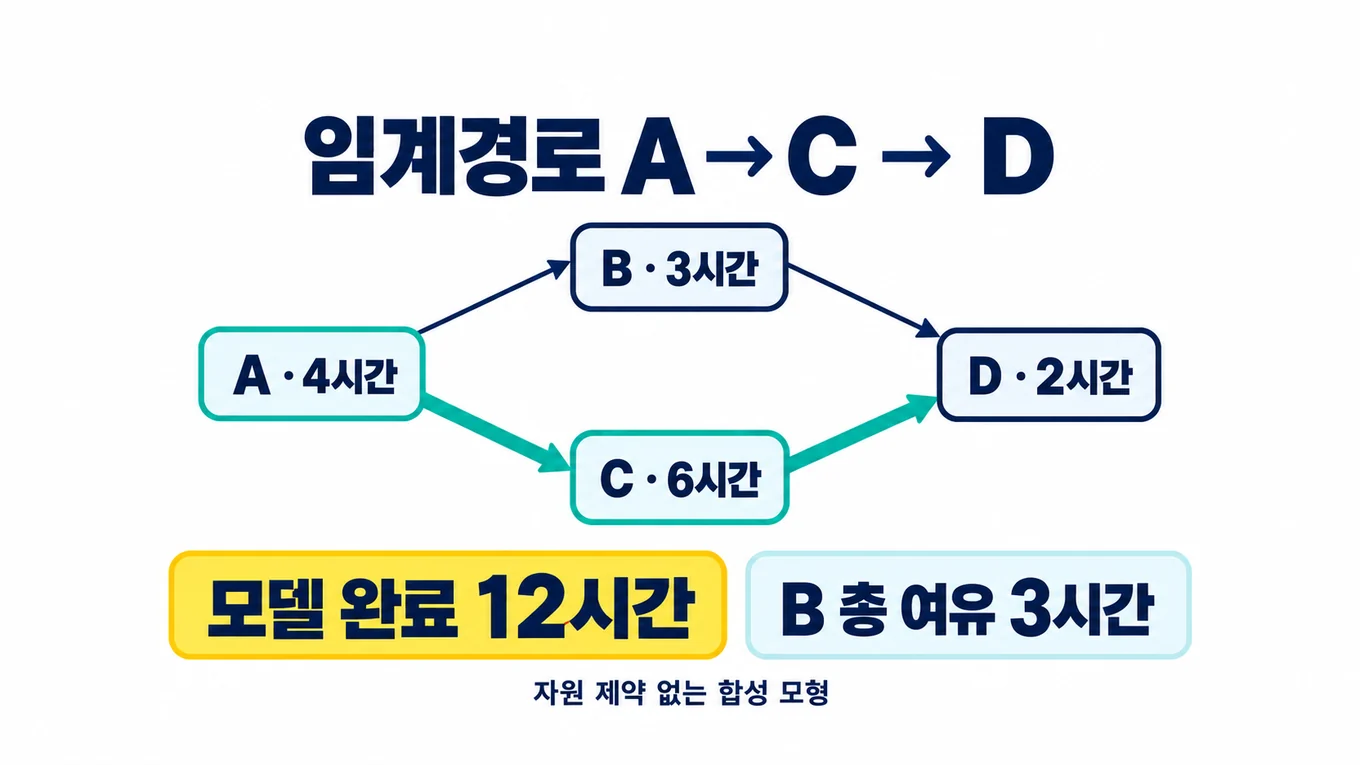 A4시간 뒤 B3시간과 C6시간이 병렬로 이어지고 두 작업 뒤 D2시간이 이어지는 합성 선행작업 그래프. A-C-D 임계경로는 12시간이고 B 총여유는 3시간이다.