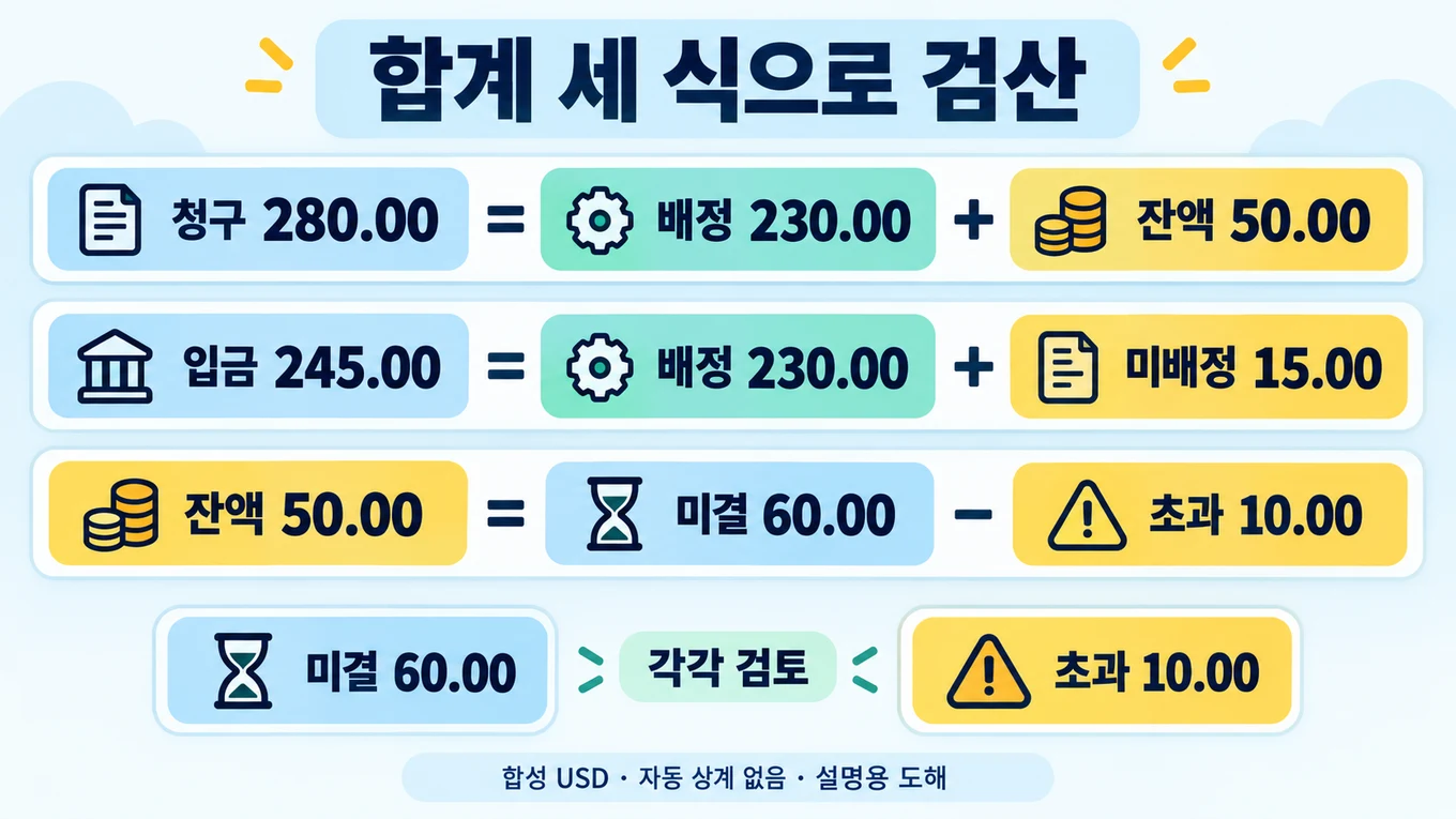 청구 280.00은 배정 230.00과 잔액 50.00, 입금 245.00은 배정 230.00과 미배정 15.00으로 나뉩니다. 잔액 50.00은 미결 60.00에서 초과 10.00을 뺀 값이며 두 금액은 각각 검토합니다. 합성 USD 설명용 도해