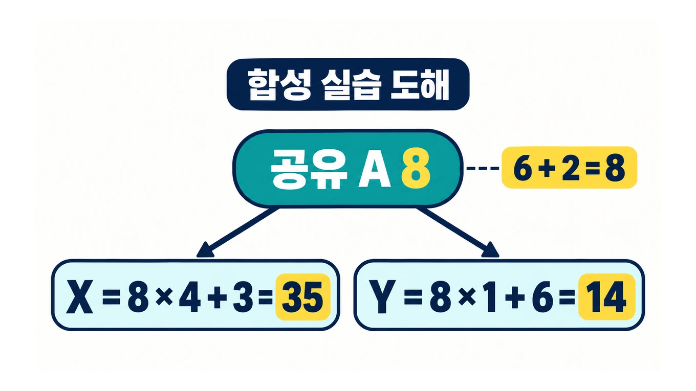 공유 중간품 A의 수요 8개를 전개해 X는 8 곱하기 4 더하기 3으로 35개, Y는 8 곱하기 1 더하기 6으로 14개가 되는 합성 BOM 도해