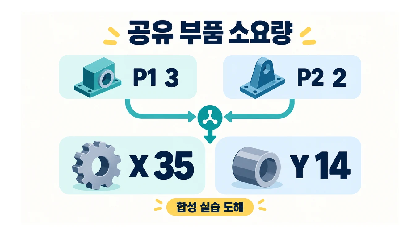 P1 수요 3개와 P2 수요 2개에서 최종 공유 부품 X 35개와 Y 14개를 계산하는 합성 BOM 도해