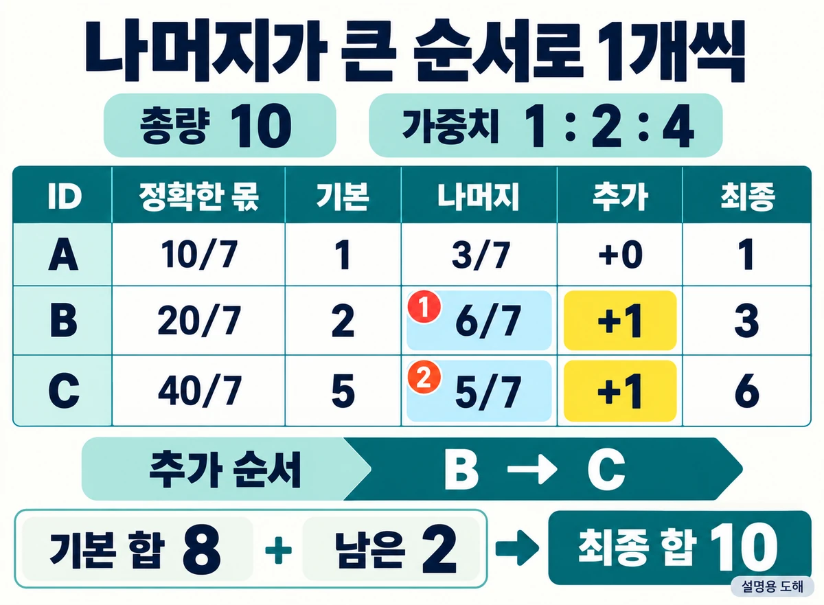정확한 몫10/7 20/7 40/7의 소수나머지3/7 6/7 5/7을 비교해 B다음C에 추가하는 설명용 도해