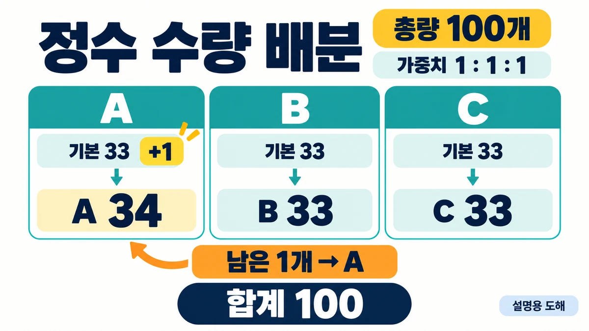 가상100개를 A34개 B33개 C33개로 나눠 합계100을 보존하는 설명용 도해