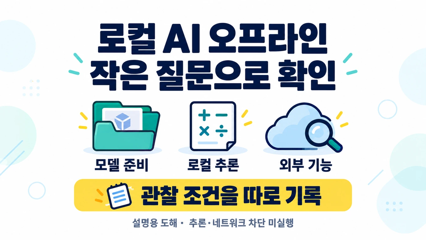 로컬 AI 오프라인 확인에서 모델 준비와 작은 로컬 추론 질문, 외부 기능을 구분해 관찰 조건을 따로 기록하는 설명용 도해