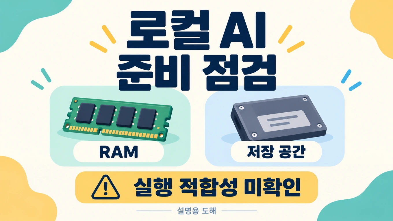 RAM과 저장 공간을 별도 항목으로 점검하고 실행 적합성은 미확인으로 남기는 로컬 AI 준비 설명용 도해