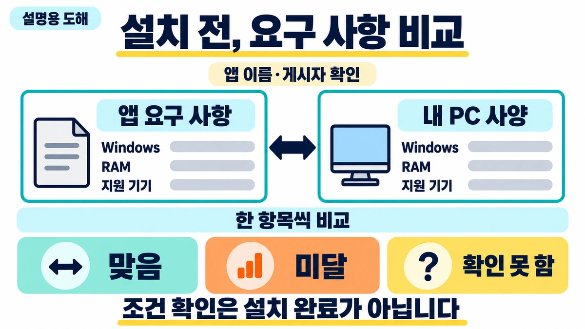 앱 요구 사항과 내 PC 사양을 한 항목씩 나란히 비교하는 설치 전 점검 개념도
