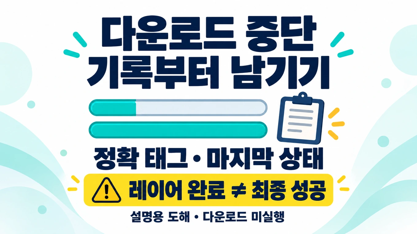 다운로드가 중단됐을 때 정확한 모델 태그와 마지막 상태를 기록하고 레이어 완료와 최종 성공을 구분하는 설명용 도해