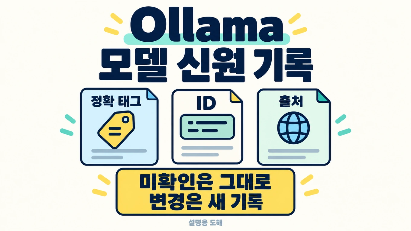 Ollama 모델 신원 기록에 정확 태그·ID·출처를 함께 남기고 미확인은 그대로 두며 변경은 새 기록으로 보존하는 설명용 도해