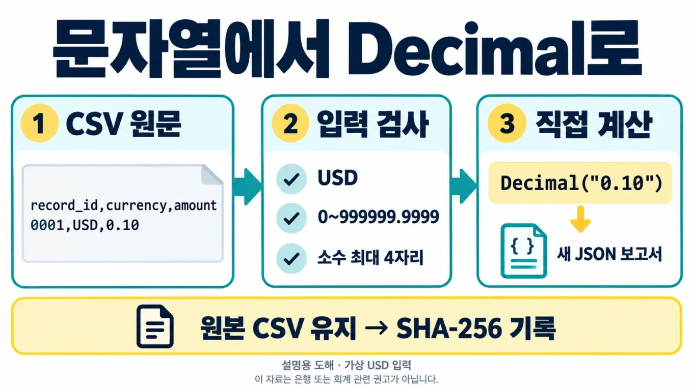 CSV 문자열 0.10과 USD를 검사한 뒤 float 없이 Decimal로 직접 읽어 새 보고서에 기록하는 설명 도해