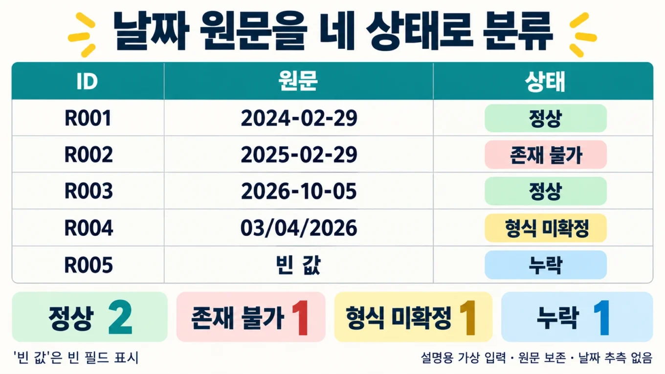 가상 CSV의 2024-02-29와 2026-10-05는 정상, 2025-02-29는 존재 불가, 03/04/2026은 형식 미확정, 빈 값은 누락으로 분류한 설명 도해