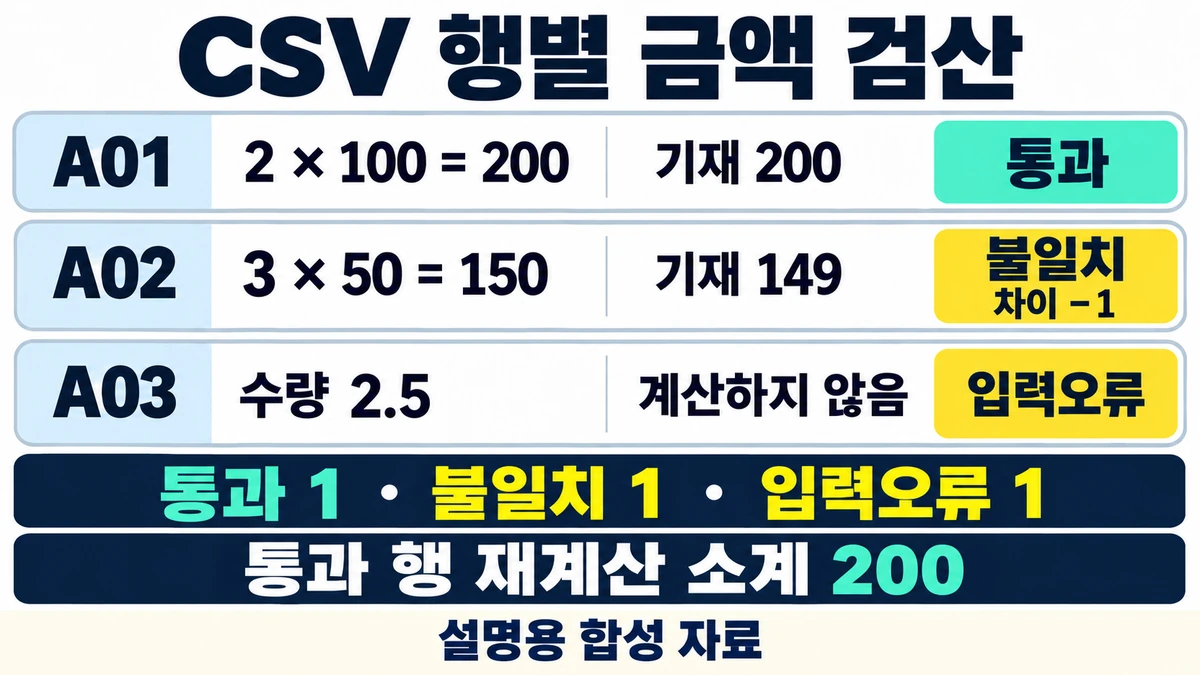 A01 2×100=200은 통과, A02 3×50=150과 기재149는 차이−1로 불일치, A03 수량2.5는 계산하지 않는 입력오류이며 통과 행 소계만200인 설명 도해