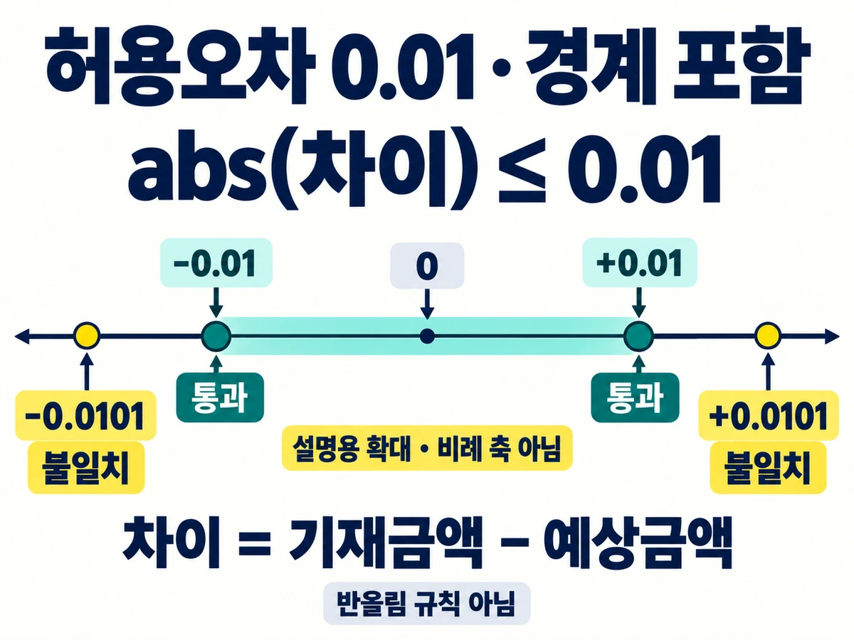절대 허용오차0.01의 닫힌 구간에서 차이−0.01과+0.01은 통과하고−0.0101과+0.0101은 불일치인 설명용 확대 도해
