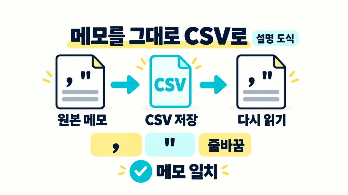 설명용 도해. 원본 메모를 CSV로 저장하고 다시 읽어 쉼표, 큰따옴표, 줄바꿈이 같은 문자열로 복원되는 과정