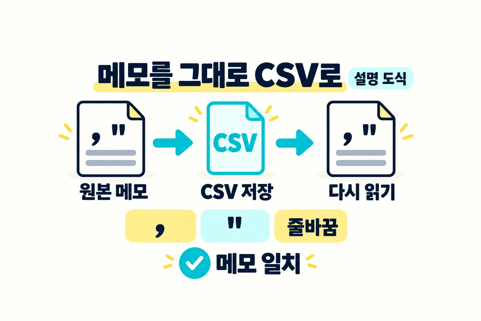설명용 도해. 원본 메모를 CSV로 저장하고 다시 읽어 쉼표, 큰따옴표, 줄바꿈이 같은 문자열로 복원되는 과정