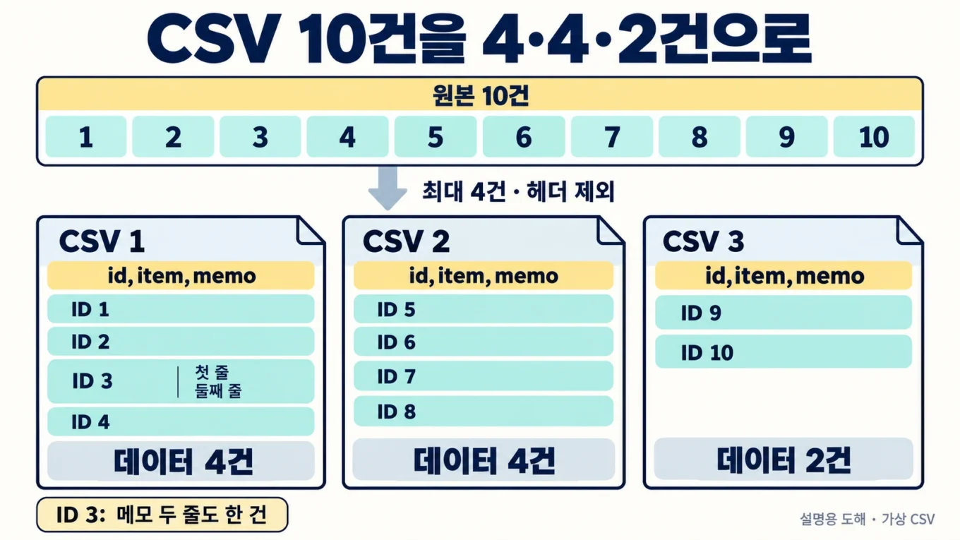 ID 1부터 10까지의 CSV를 ID 1부터 4, 5부터 8, 9부터 10의 세 파일로 나누는 도해