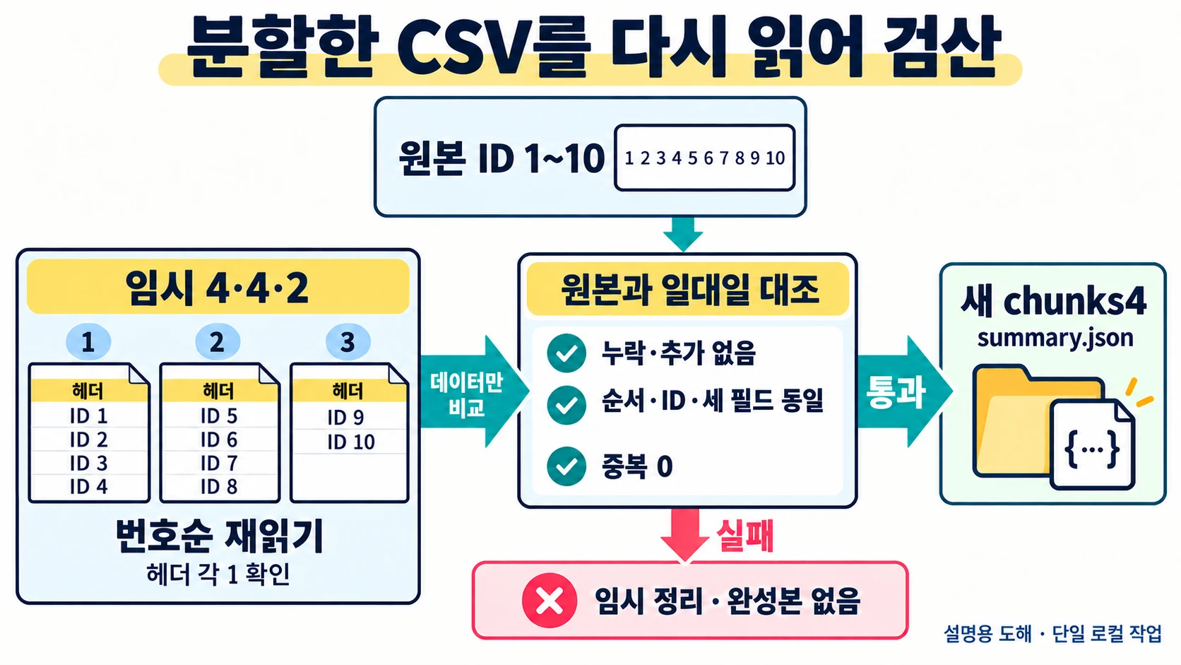 임시 폴더의 세 CSV에서 헤더를 제외하고 순서대로 읽어 원본의 ID와 필드를 대조한 뒤 새 chunks4 폴더를 확정하는 흐름