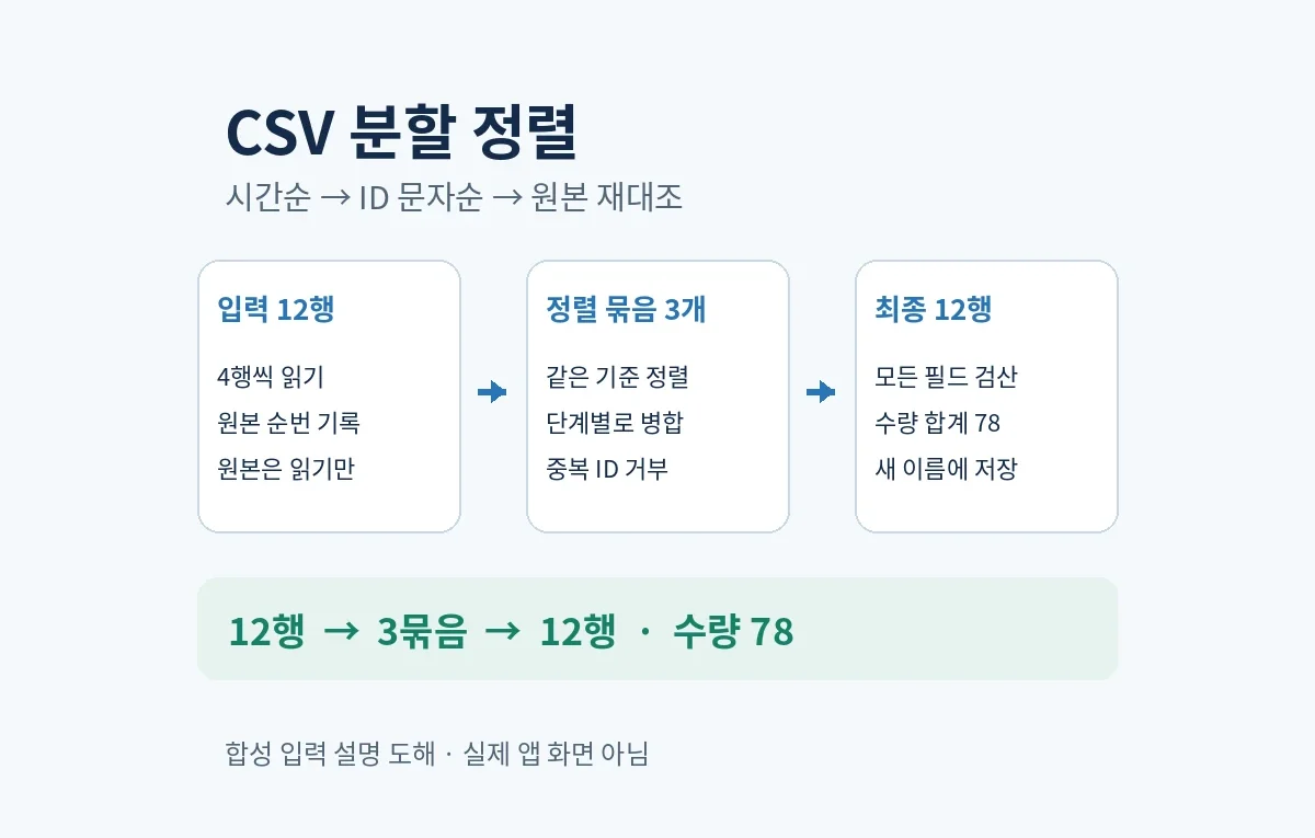 CSV 입력12행을 4행씩 정렬해 세 묶음을 병합하고 최종12행 수량78을 원본과 재대조하는 설명 도해