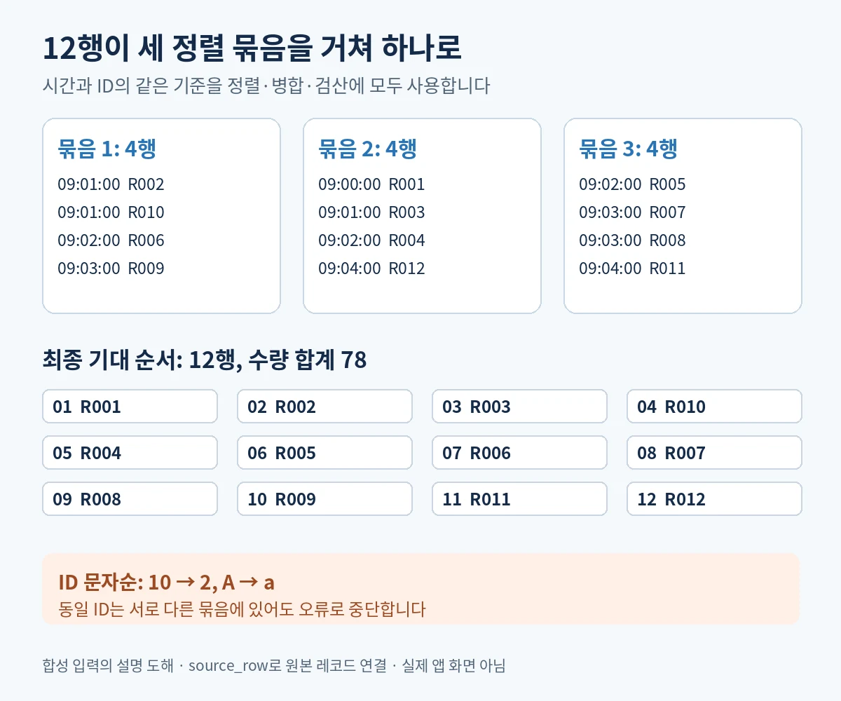 각 네 행을 시간과 ID로 정렬한 세 묶음과 최종 ID 순서 R001 R002 R003 R010 R004 R005 R006 R007 R008 R009 R011 R012를 대조한 설명 도해
