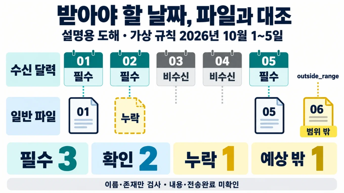 가상 필수 수신일 10월 1·2·5일과 실제 파일 1·5·6일을 비교해 2일 누락과 6일 범위 밖(outside_range)을 표시한 도해
