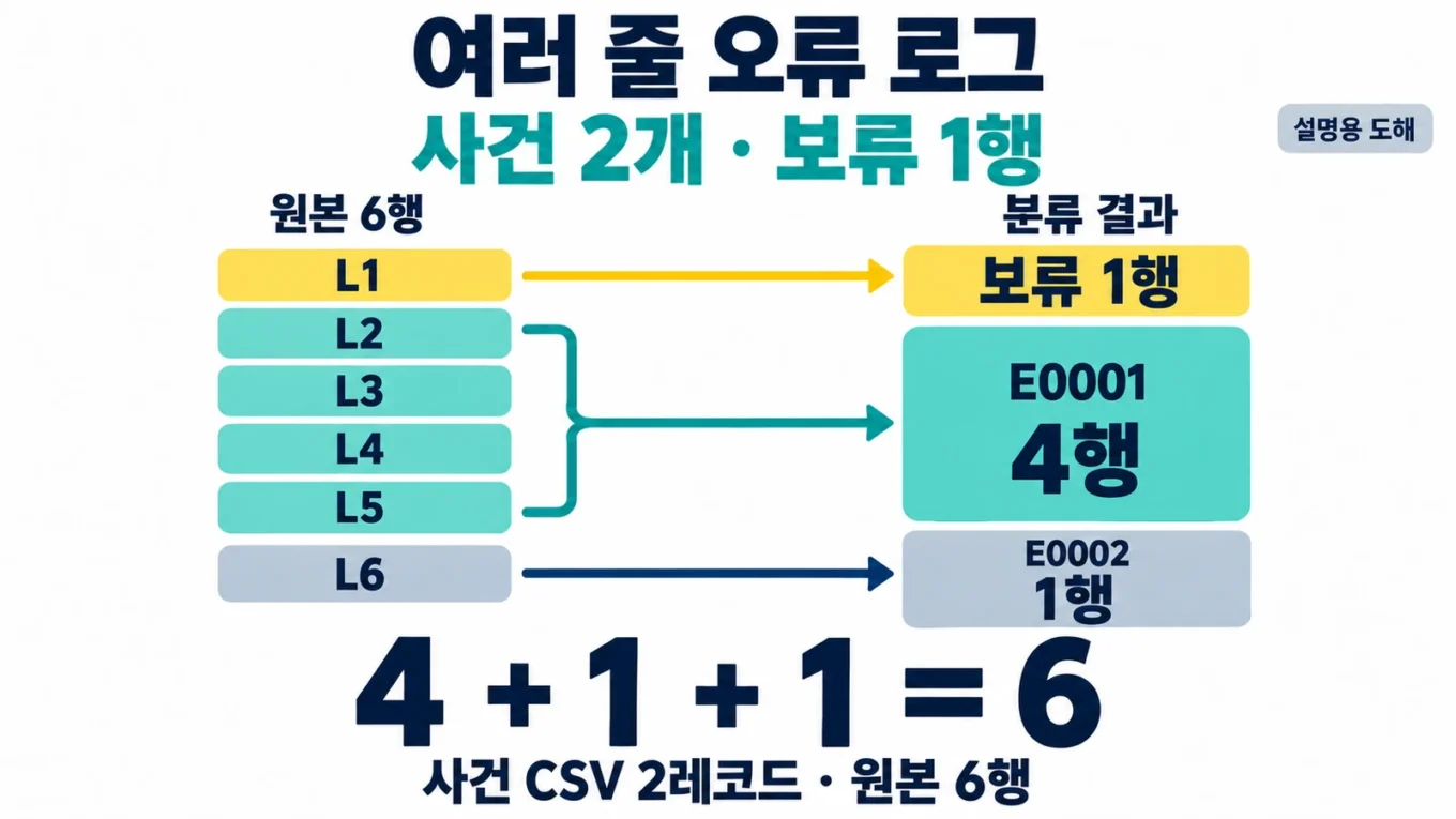 설명용 도해에서 원본 L1은 보류 1행, L2부터 L5는 E0001의 4행, L6는 E0002의 1행으로 대응됩니다. 사건 CSV는 2레코드이고 4+1+1=6으로 원본 6행을 구분합니다.